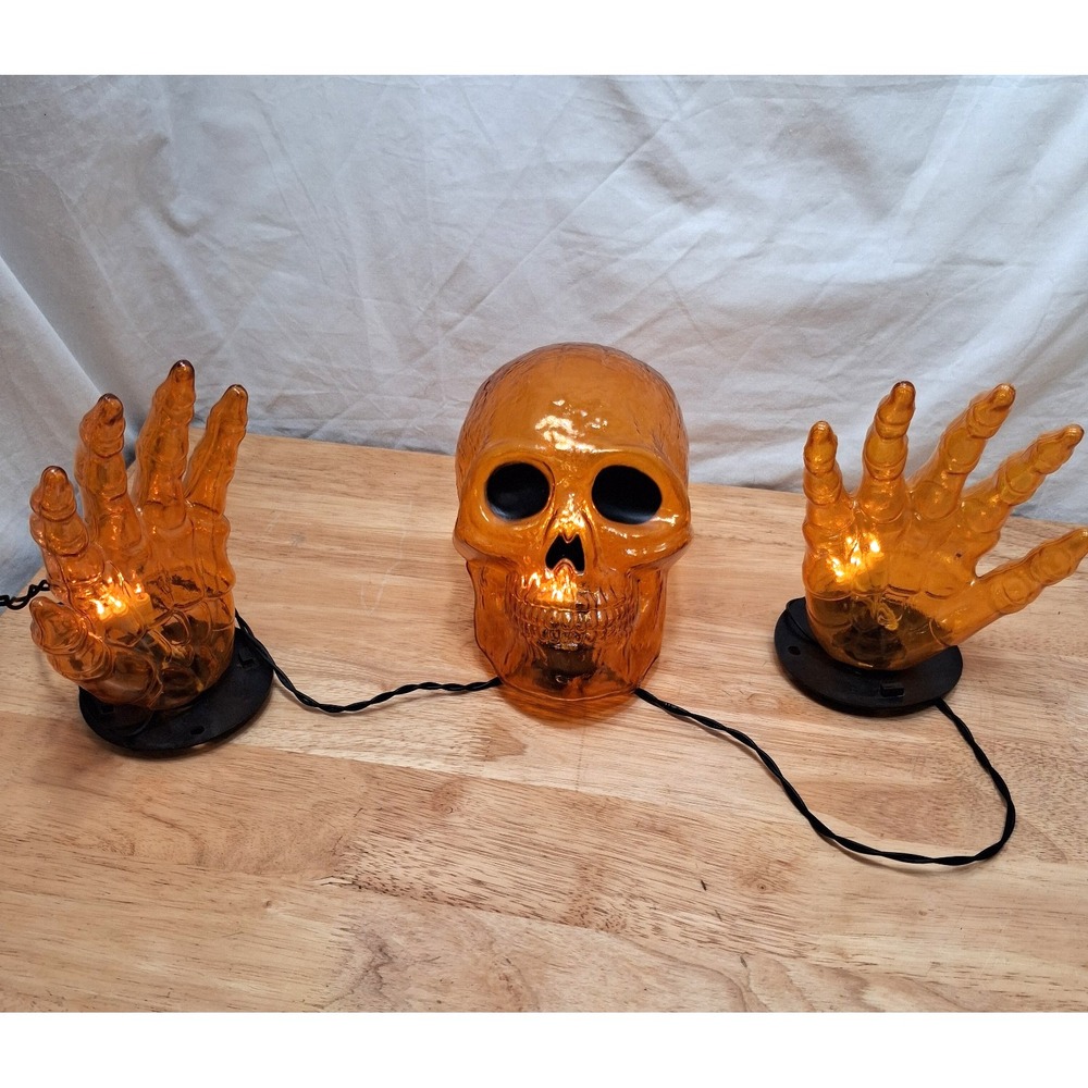 Lighted Orange Skull and Hands Blow Mold Outdoor Halloween Decoration Spooky